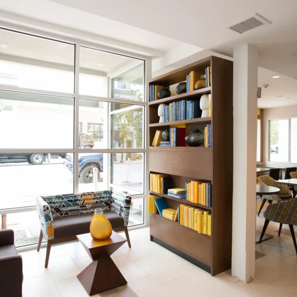 looking out the window of the lobby of Hotel Z