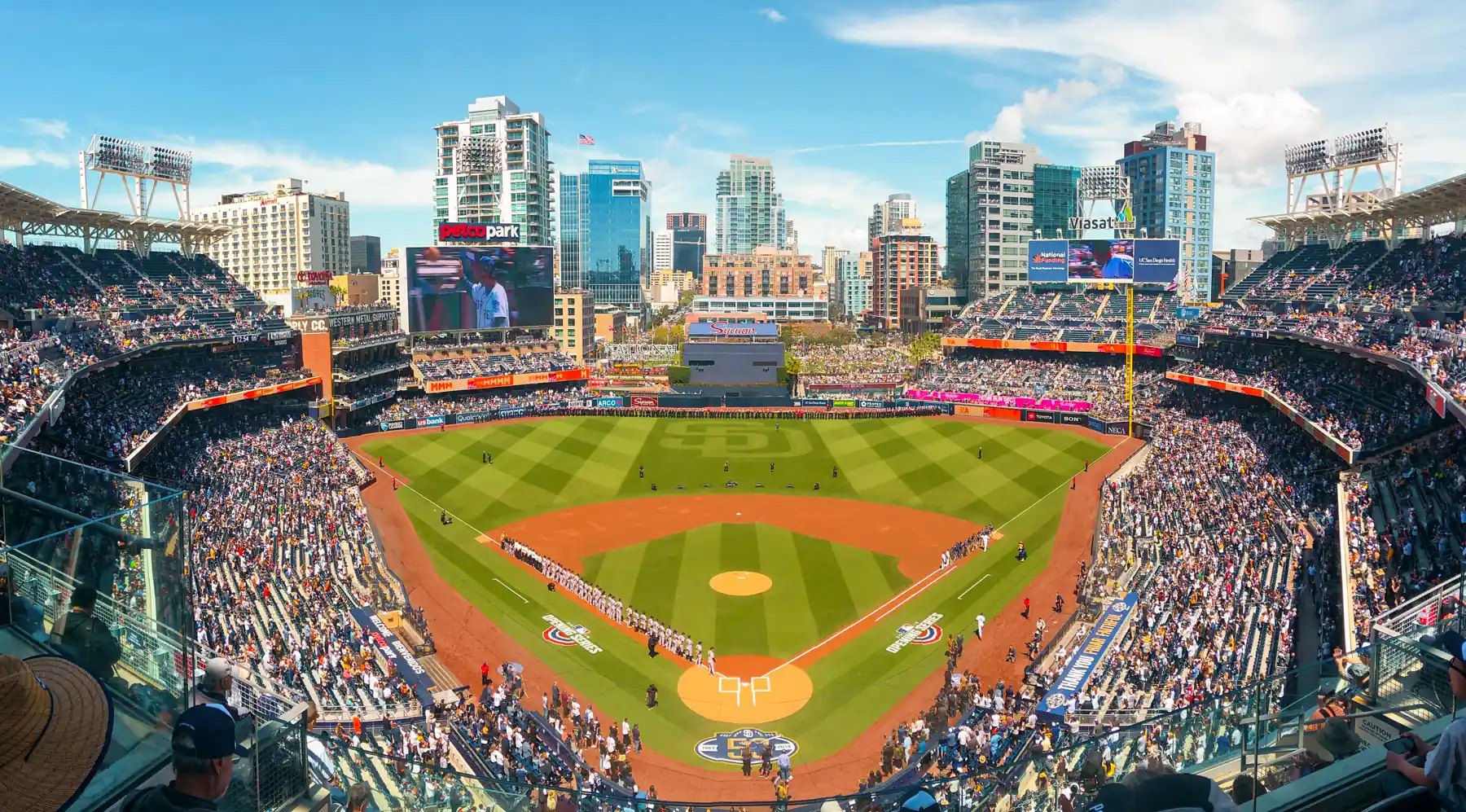 the field and stands at Petco Park, with downtown San Diego in the background