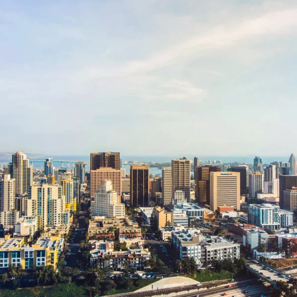 an aerial view of downtown San Diego and the ocean beyond